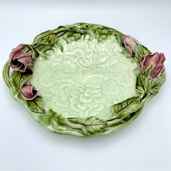 Vintage Majolica Pottery Platter 12” Green Leaves Pink Capodimonte Raised Roses - Picture 7 of 16